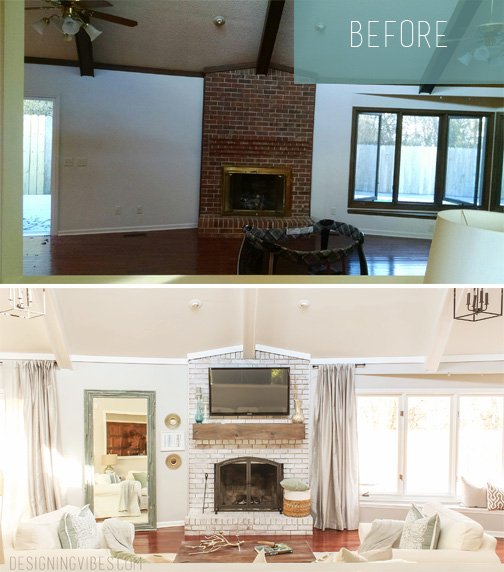 A living room with a fireplace that is red bricked and the after picture of the whitewashed living room painted white.