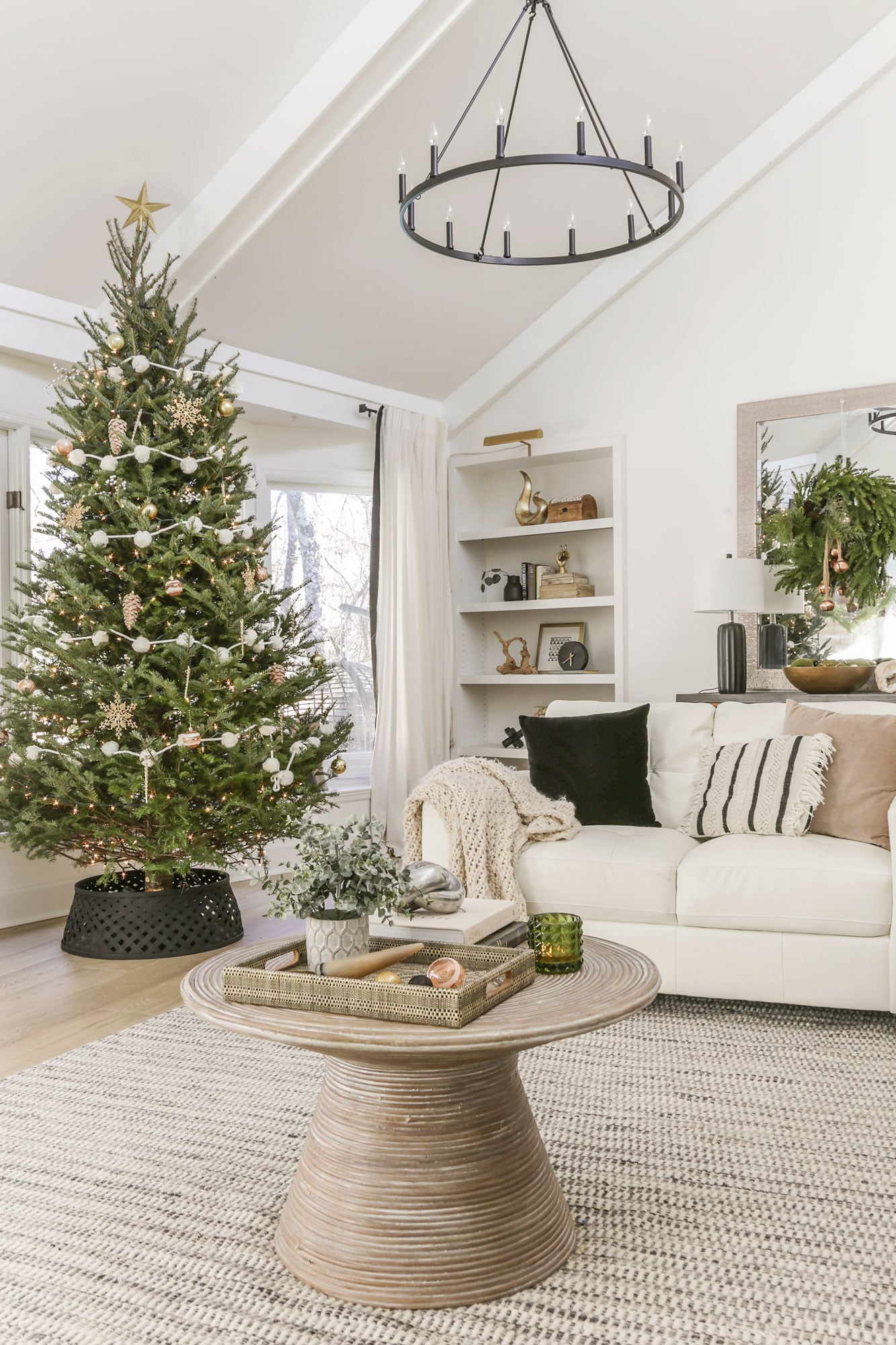 Neutral holiday home decor with soft color tones.