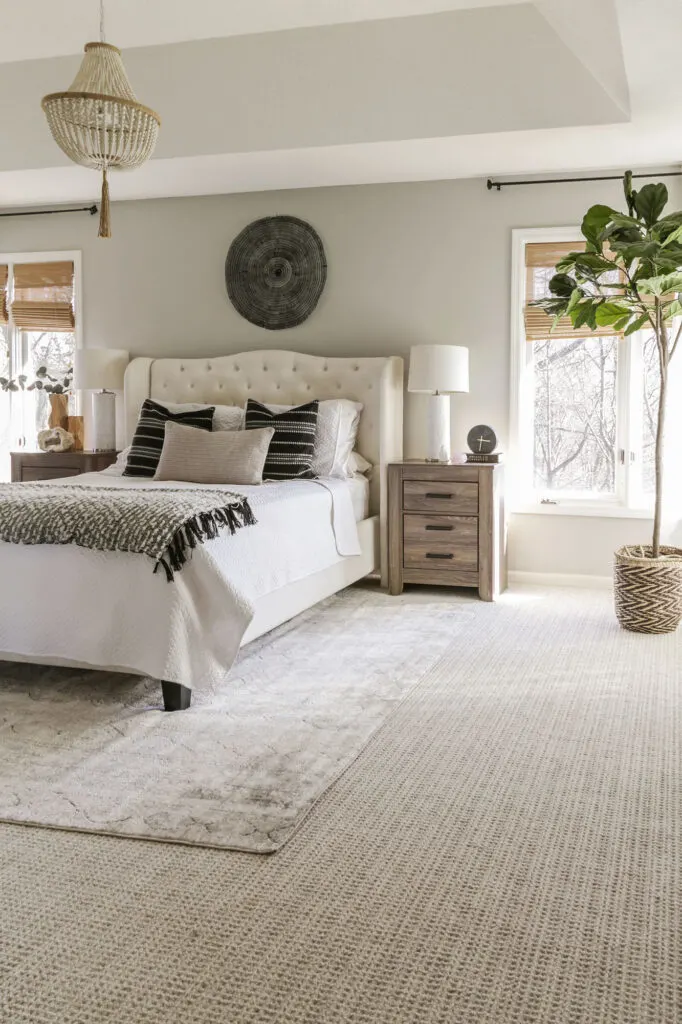 bedroom with grey walls and carpet