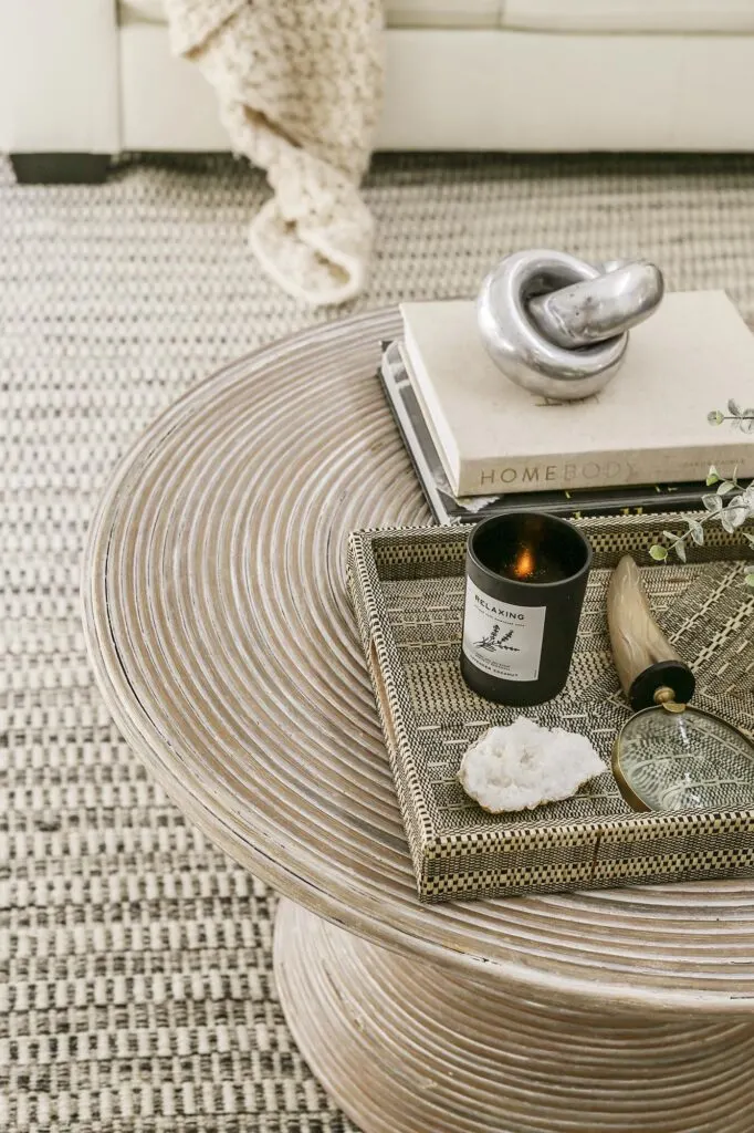 coffee table styling for a boho modern living room 