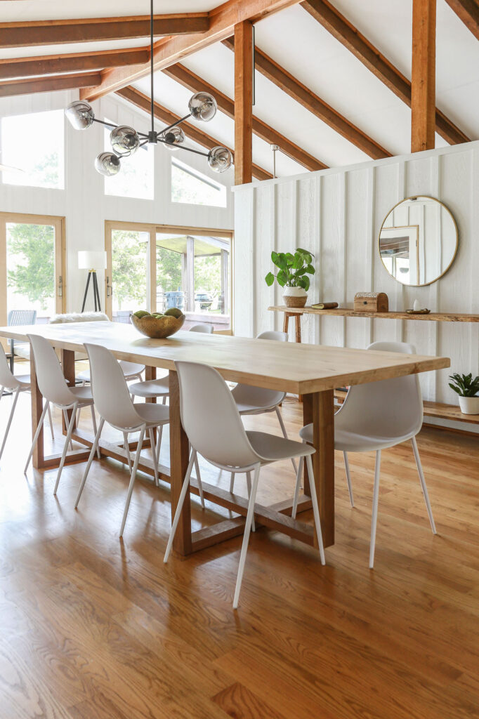 midcentury modern meets farmhouse neutral dining room 