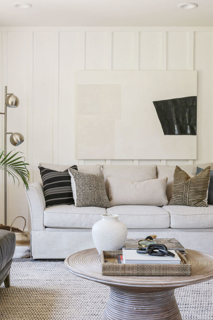 boho modern living room with white walls
