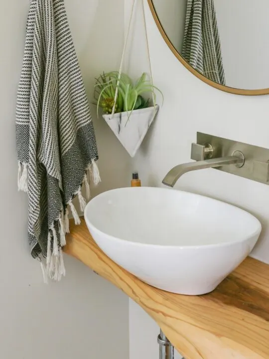 rustic wood vanity in small modern bathroom ideas