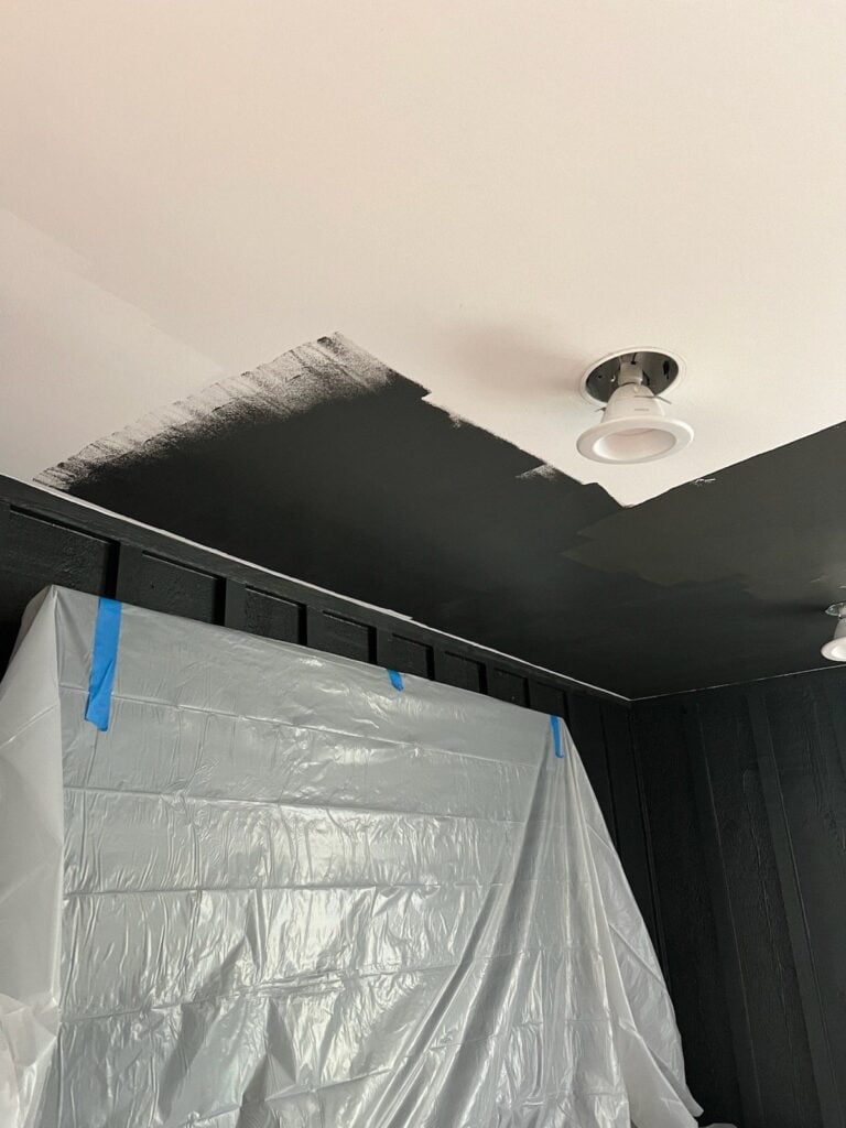 process photo of me painting my living room ceiling in Iron Ore by Sherwin Williams