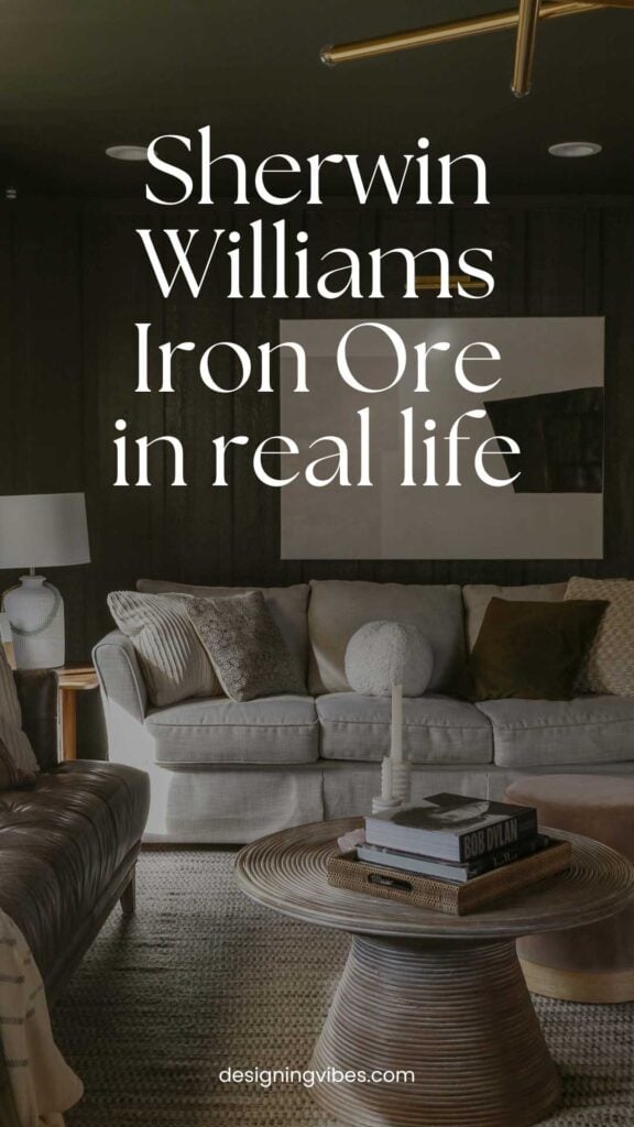 Sherwin Williams Iron Ore painted on ceilings and walls in moody, modern living room