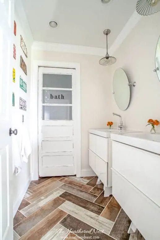 cheap diy bathroom flooring with faux wood tiles
