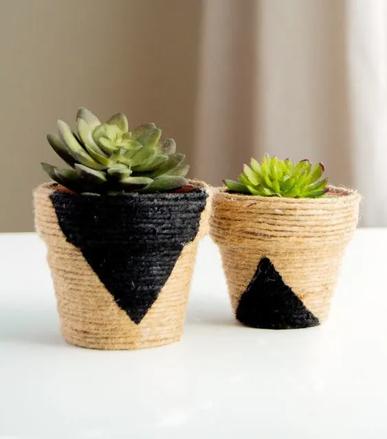 diy modern pots with geometric shape pattern and succulents planted inside 