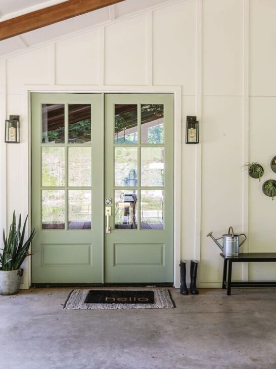front porch with green painted door decorated with a pot of plants and rug