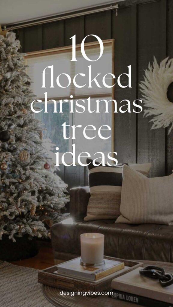 flocked christmas tree in moody modern living room