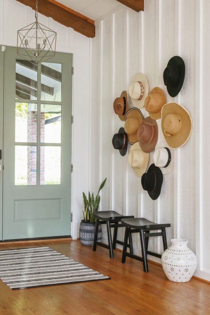 front interior door painted in Coastal Plain by Sherwin Williams in my lake cottage foyer