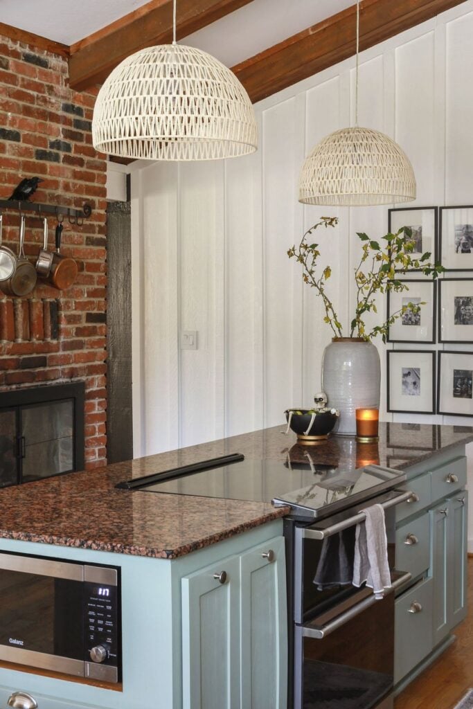 cottage kitchen with cabinets painted in Coastal Plain by Sherwin Williams