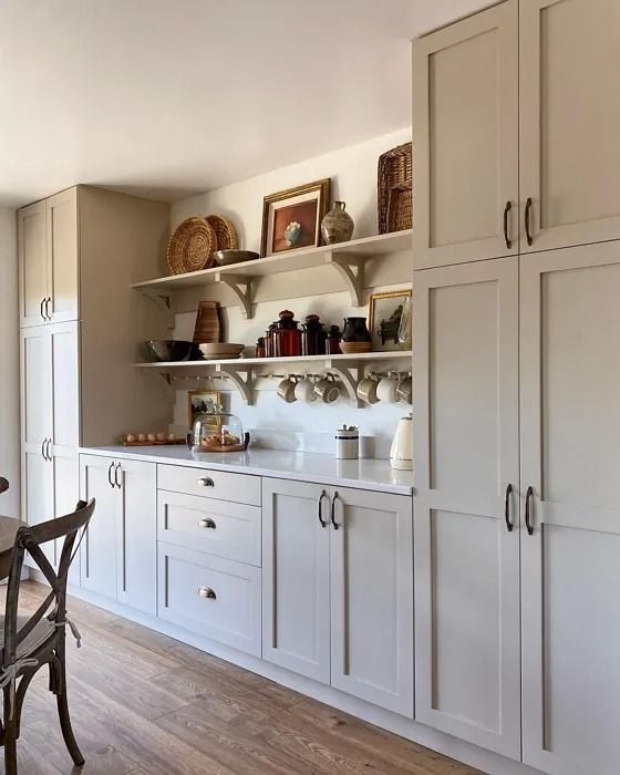 kitchen cabinets painted in Shitake by Sherwin Williams paired with wood floors and white quartz counters