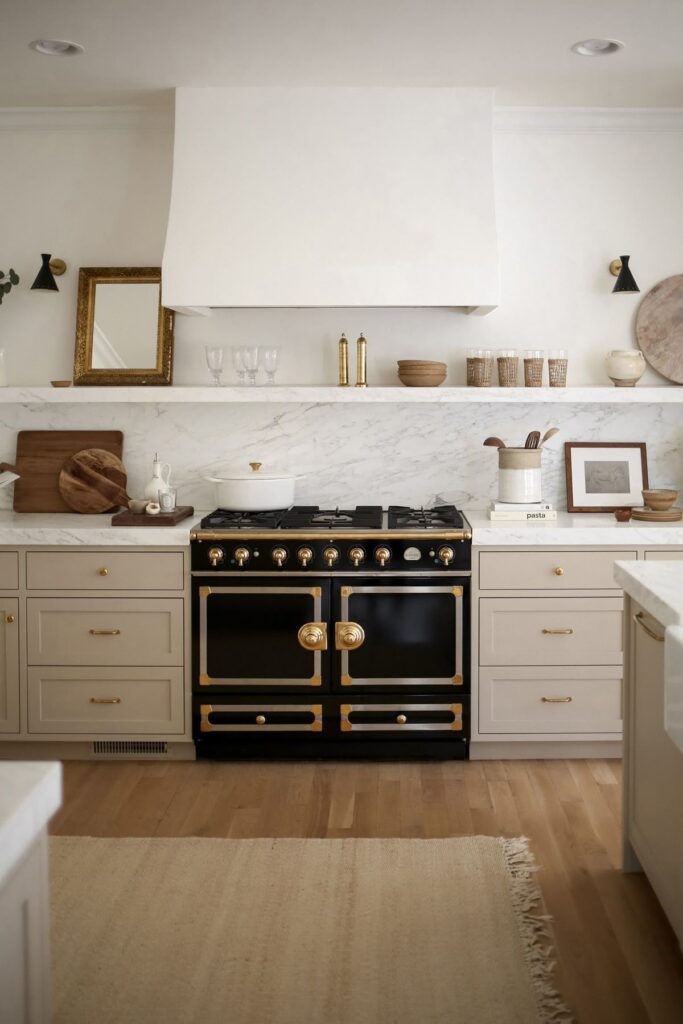 warm greige paint color on cabinets called Sandbar by Sherwin Williams with white marble counters and backsplash 
