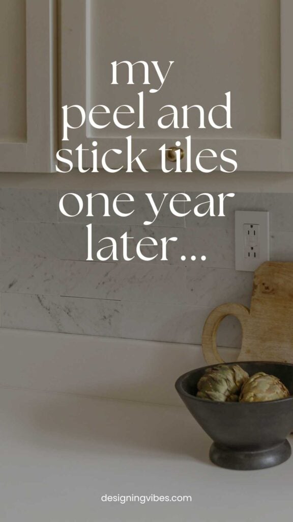 close up view of real marble peel and stick tiles installed on my kitchen backsplash