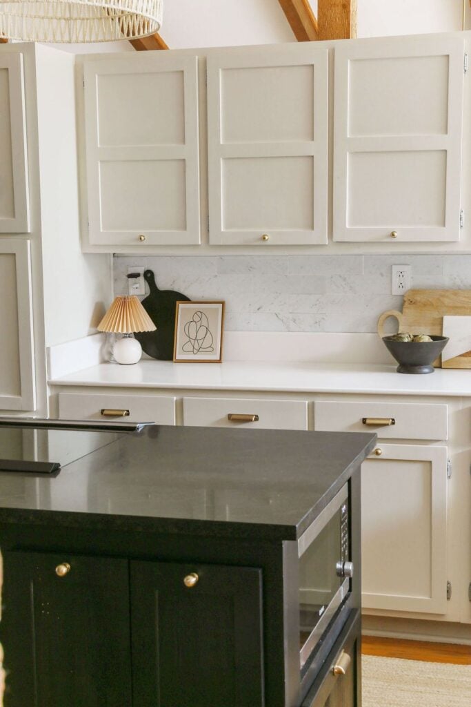 modern meets vintage kitchen with marble peel and stick backsplash