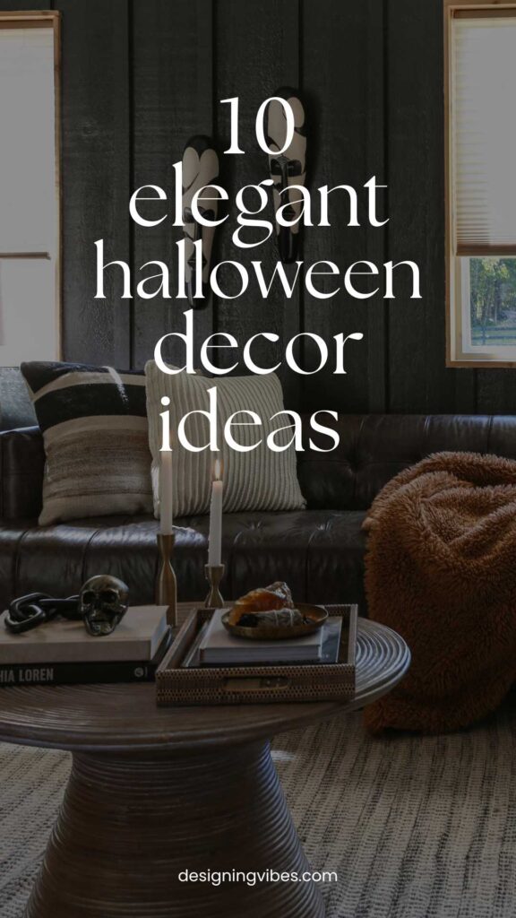 dark and moody living room decorated with elegant metal skull and candles for halloween