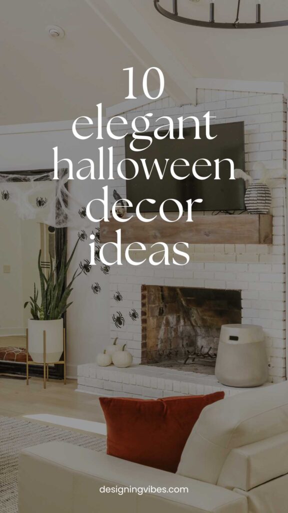 chic and minimalist living room decorated with white pumpkins and spider webs for halloween