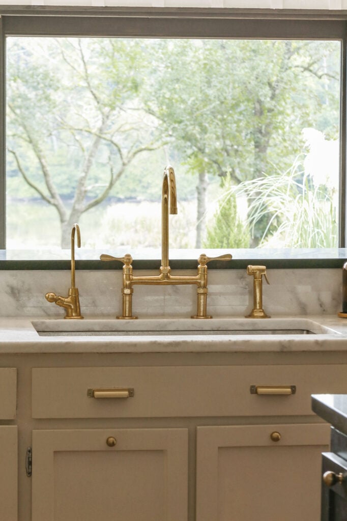 rejuvenation brass bridge faucet dupe with sprayer combo in my kitchen
