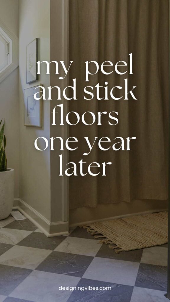 marble-looking checkerboard peel and stick tiles installed over existing bathroom flooring