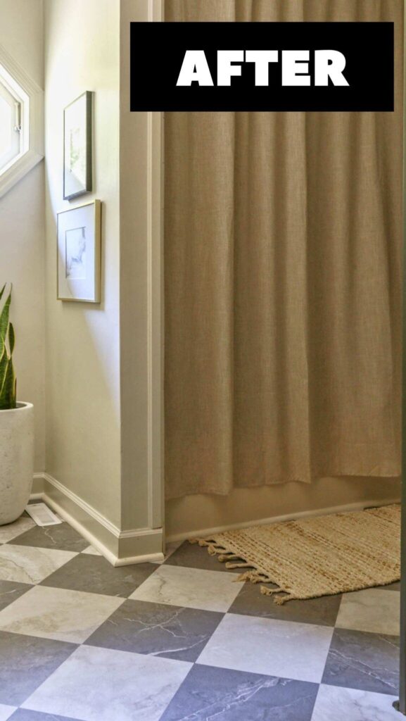 grey and white vinyl peel and stick flooring installed in checkerboard pattern