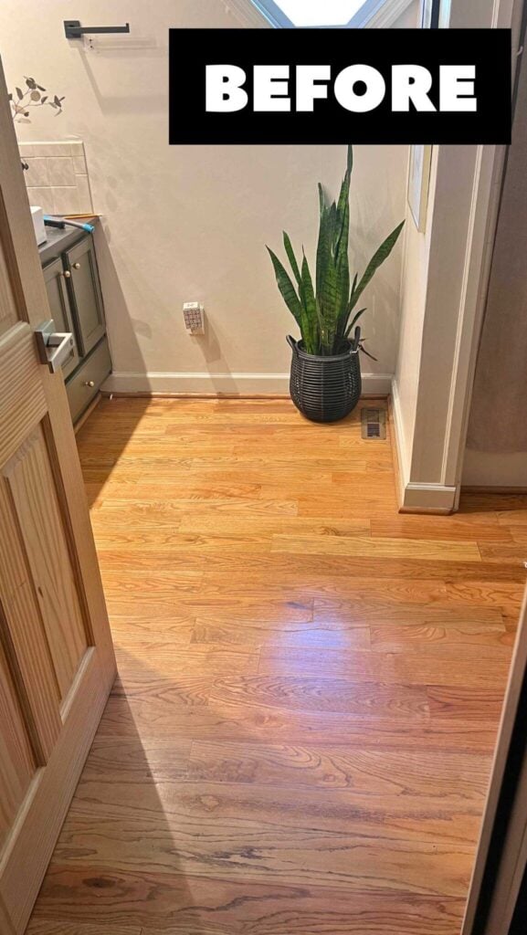 bathroom before i installed vinyl peel and stick tiles over the dated wood floors