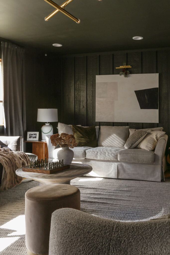black moody living room with minimal christmas accents