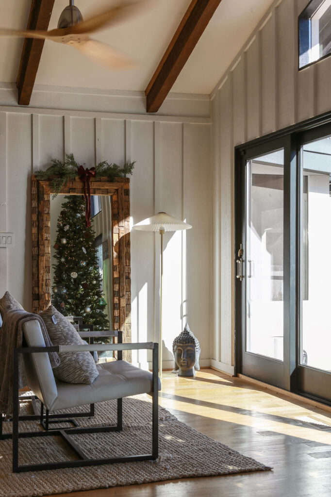 modern organic lake cottage decorated for christmas