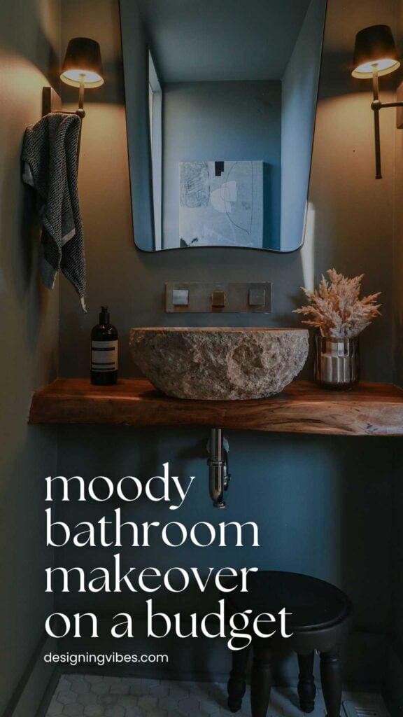 moody bathroom color drenched with marble floors and stone vessel sink