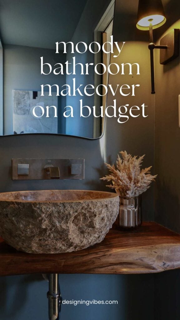 travertine vessel sink on live edge floating vanity in moody powder room