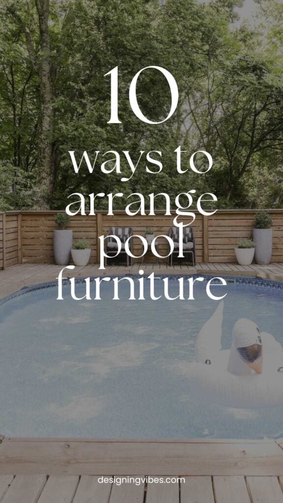 patio furniture arranged by a small pool on a deck with a conversation set 
