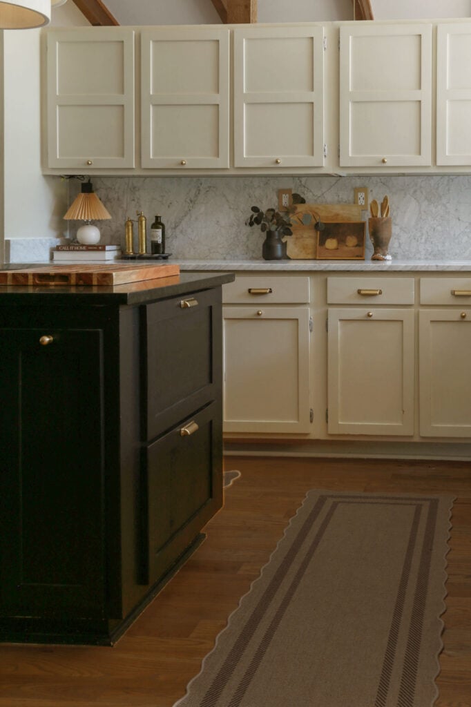 moody modern organic kitchen with diy drawers and brass hardware
