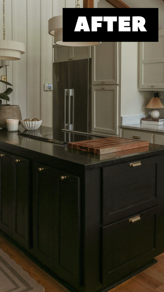 moody modern kitchen with black island of diy drawers with brass hardware