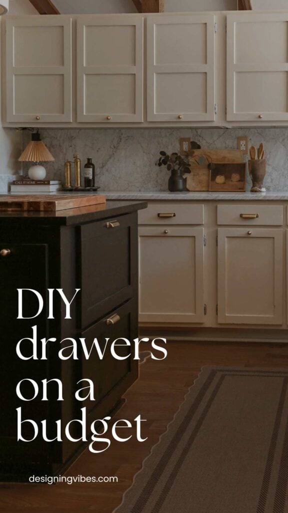 modern organic kitchen with marble countertops, brass hardware and diy cabinetry and drawers on a budget