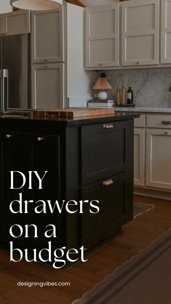 modern moody kitchen with diy drawers on a budget in black kitchen island with black granite countertops