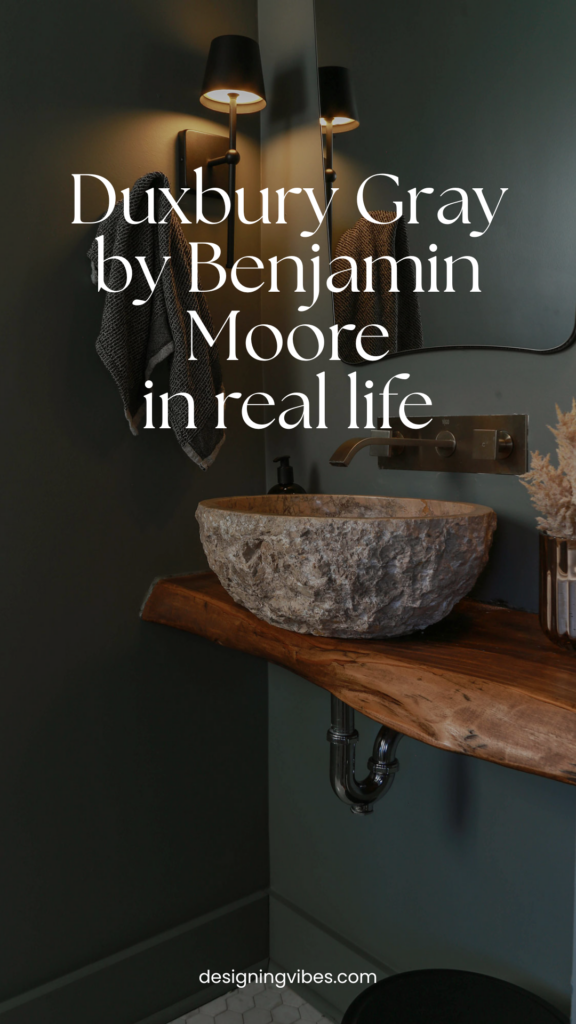 greenish blue gray paint color on walls and baseboards called Duxbury Gray by Benjamin Moore paired with marble hex floors