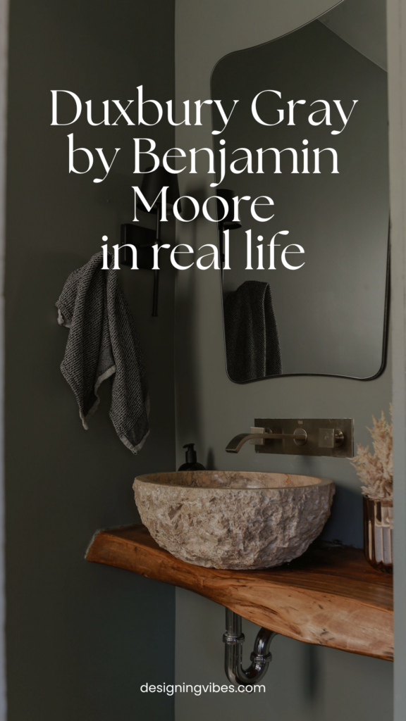 greenish grey paint color in color drenched bathroom called Duxbury Gray 
