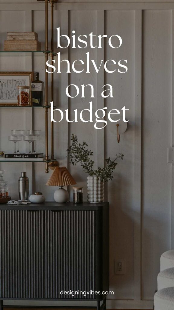 Budget-friendly home bar with brass bistro shelving above a fluted credenza for a European-inspired look