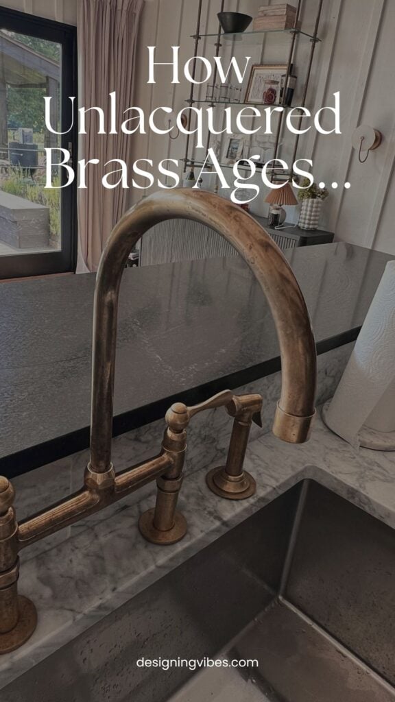 close up of patina on Unlacquered Brass faucet in kitchen after one year of use