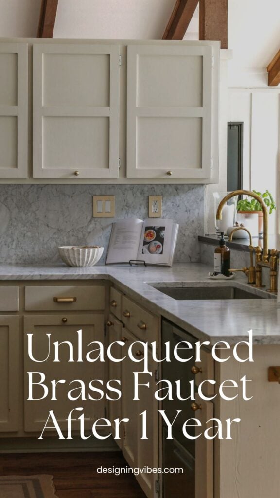 kitchen with marble countertops and Unlacquered Brass facuet After 1 Year of use