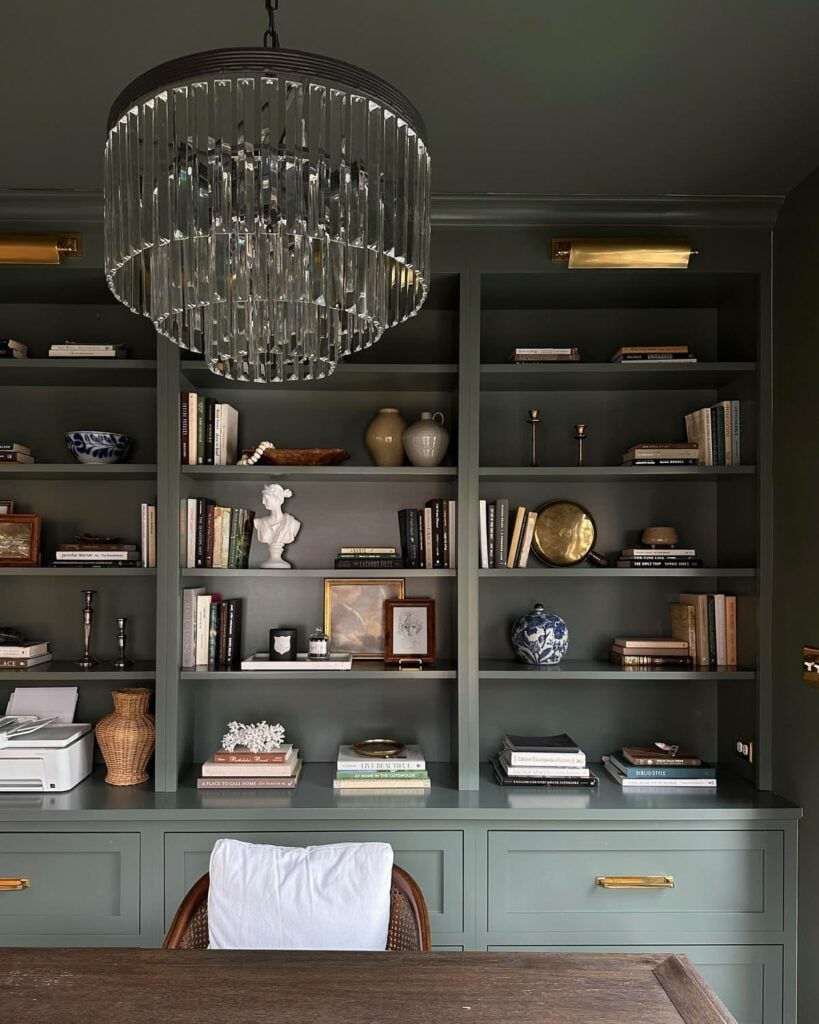 moody office color drenched in earthy green paint color called rosemary by sherwin wiliams
