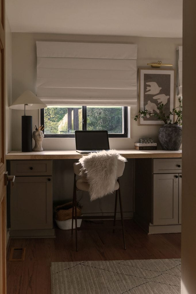 cabinets painted in sherwin williams moth wing paired with shoji white walls in north facing office