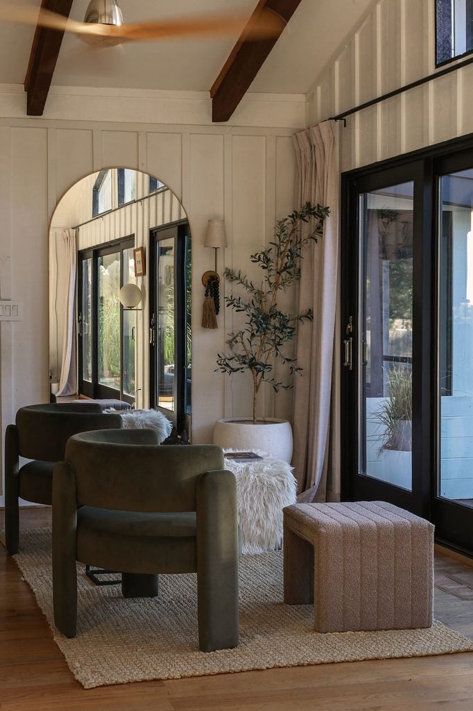 dark olive velvet side chairs in dining room sitting area