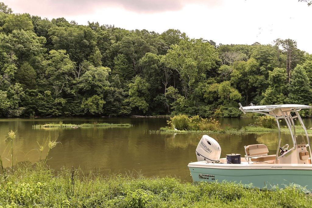 backyard with lake and a vintage boat