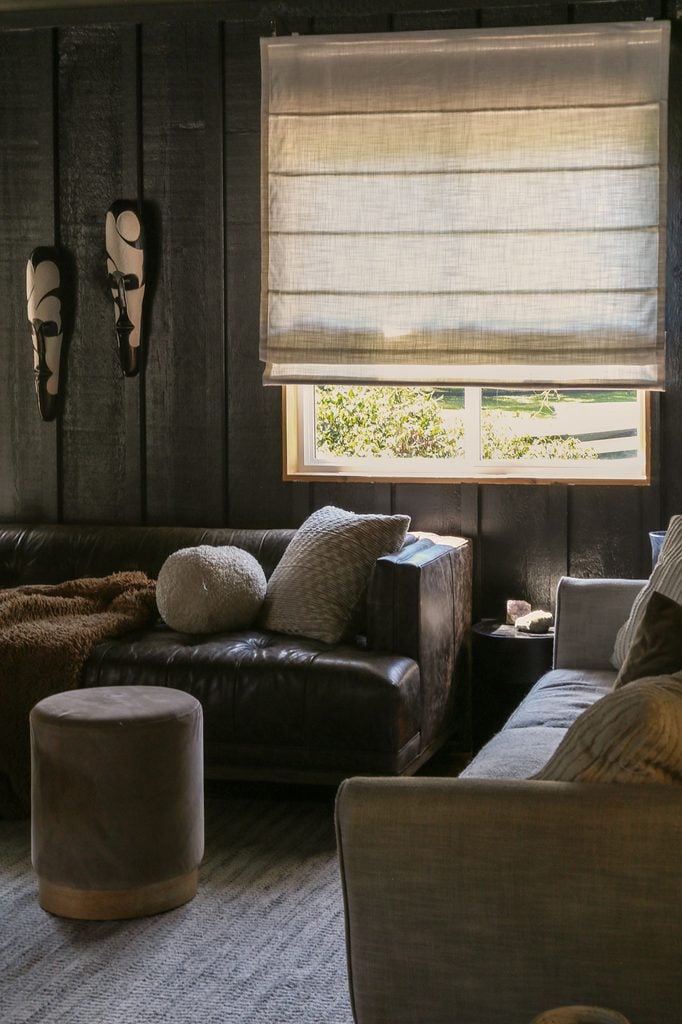 light roman shades in dark moody modern living room for contrast and to maintain natural light 