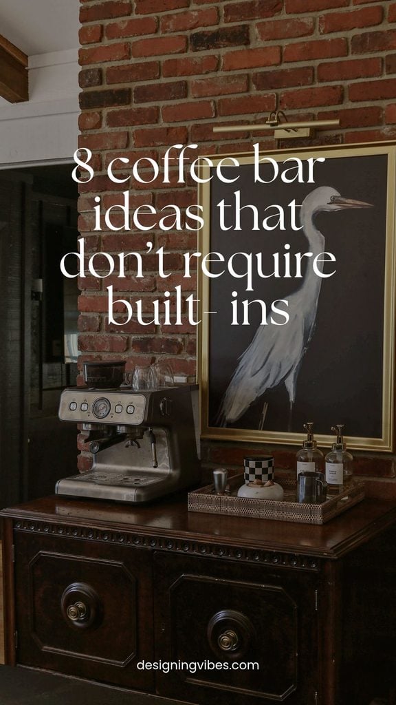 espresso bar on a vintage buffet in kitchen with antique oil painting of bird over it