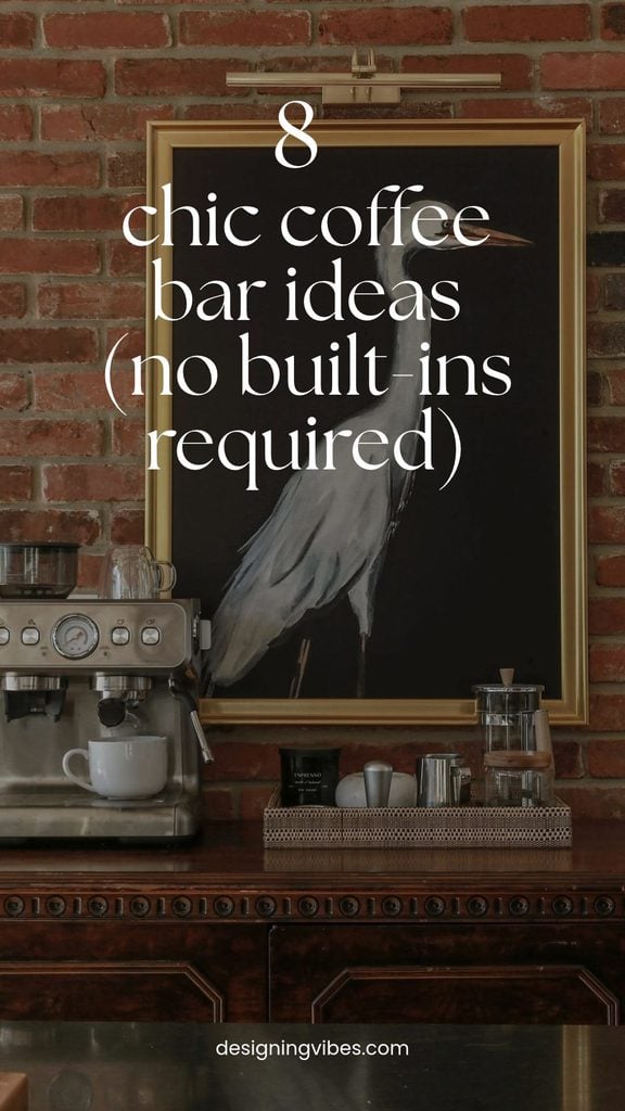 chic coffee bar with espresso maker on an antique piece of furniture in small moody kitchen