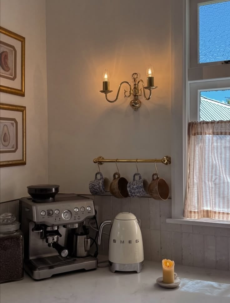 vintage inspired coffee station with espresso makeover on kitchen counter