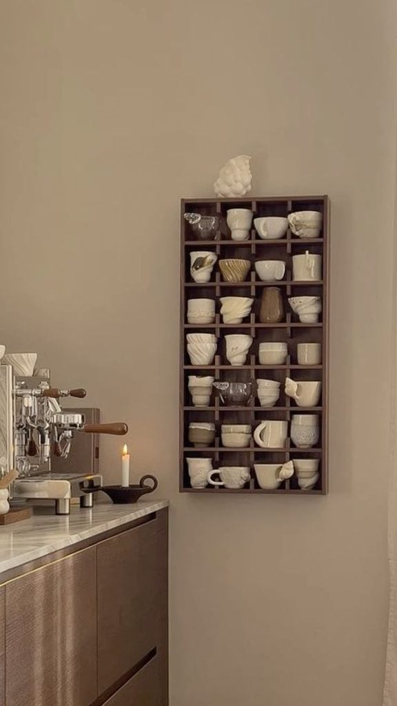 wooden shelf to store coffee mugs on wall in kitchen next to coffee station