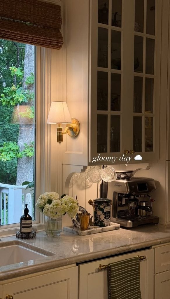 chic and classy coffee bar on counters in a nancy myers style kitchen