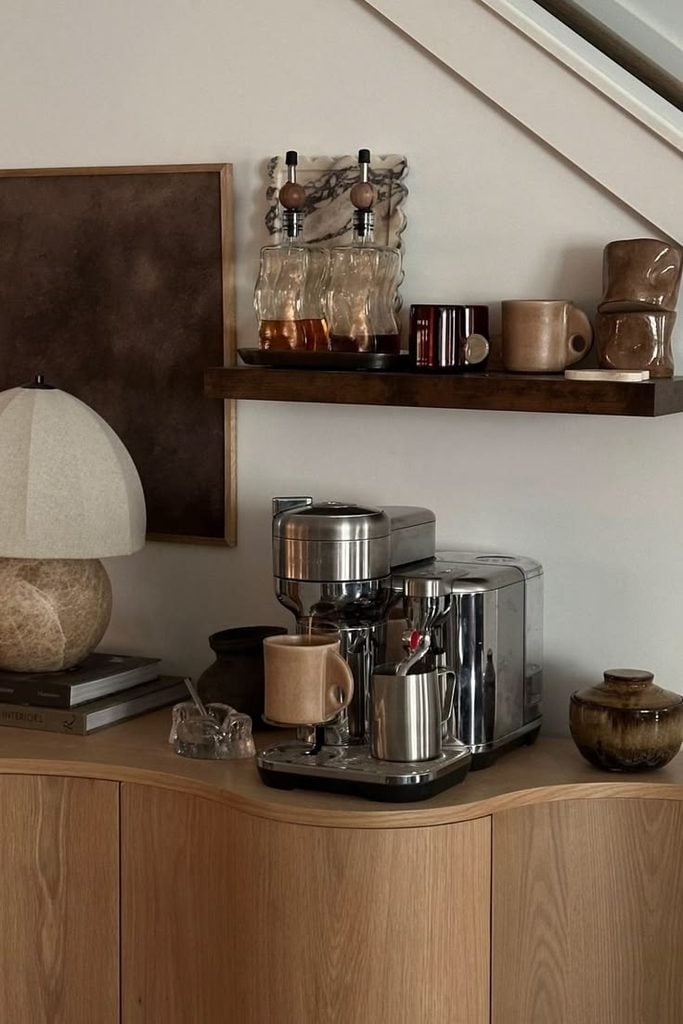 modern minimal coffee bar on mid century modern sideboard